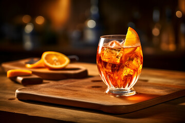 Fresh cold glass of aperol spritz cocktail on the table
