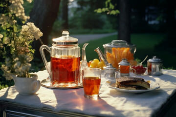 breakfast set on a table in the garden. AI generative