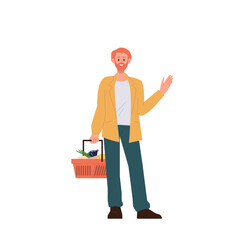 Young hipster man shopper cartoon character carrying basket with supermarket products purchases