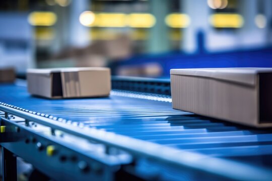 E - commerce fulfillment center by photographing a close - up of multiple cardboard box packages on a conveyor belt. Generative AI