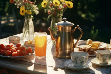 breakfast set on a table in the garden. AI generative
