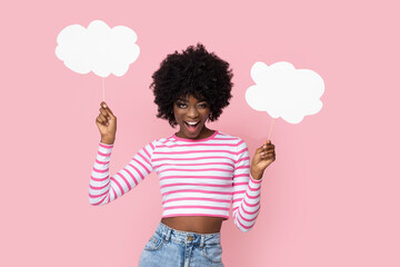 Crazy woman with white clouds with space for text.