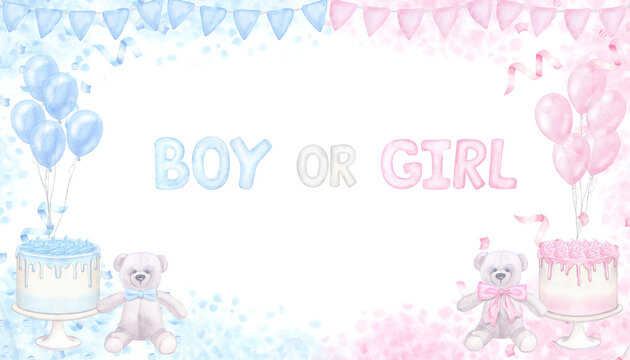 Pink blue banner gender reveal party invitation boy or girl. Balloons box, cake, cupcake, confetti. Hand drawn watercolor illustration isolated on white background. For baby shower, children's holiday