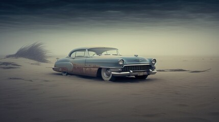 Fototapeta na wymiar a car parked in the sand. Generative AI Art.