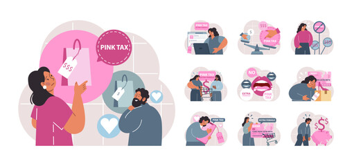 Pink tax concept set. Gender based price discrimination. Higher price