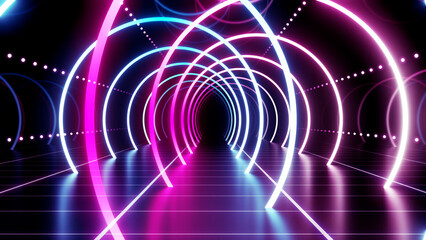 Neon Line Tunnel glowing Fluorescent light corridor stage 3D illustration background