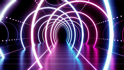 Neon Line Tunnel glowing Fluorescent light corridor stage 3D illustration background