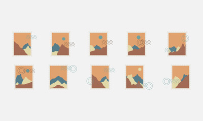 Set of postal stamps and postmarks, isolated on white background, vector illustration.