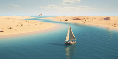 Obraz premium Aerial view illustration of beautiful sea and beach landscape and sailboat.summer or holiday background.generative ai art