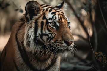 Adorable young tiger in an African wilderness setting. Generative AI