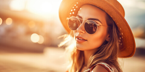 young woman in hat in summer resort, enjoying summer vacations.travel concept. generative AI