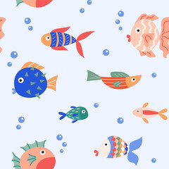 Fototapeta na wymiar Seamless pattern cartoon colorful cute fish on a blue background in a flat style.