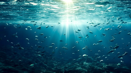 Fototapeta na wymiar Fish swimming in clear blue water, generative AI.