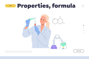 Properties, formula concept for landing page with woman scientist studying chemicals in laboratory