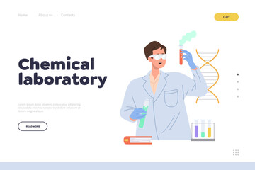 Chemical laboratory landing page design template with young male engineer working on research