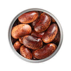 Scarlet Runner beans in open tin can, from above. Boiled, canned runner beans, seeds of Phaseolus coccineus, also known as multiflora or butter bean. In Austria called beetle-beans. Macro food photo.