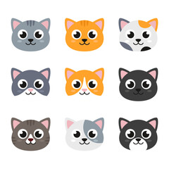Fototapeta premium Cats, kittens heads, faces. Set of simple flat style illustrations