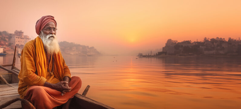 Authentic Indian Culture: Old Man Enjoying a Sunset Boat Ride on the Ganges River - Ai Generative
