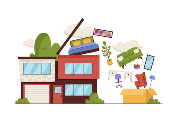 Moving to house. Beautiful large house with an open roof, next to a box from which furniture and interior items fly out into the house. Vector graphic.