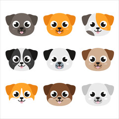 Dog, puppy heads, set of cute simple illustrations in flat style