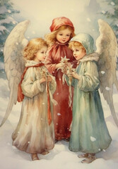 Watercolor Vintage Christmas angels, Ephemera Victorian Christmas Angels, Retro Christmas cards of 19th century