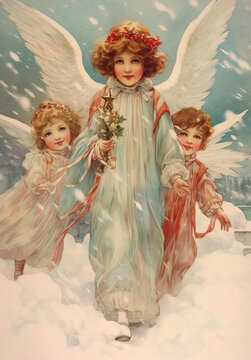 Watercolor Vintage Christmas angels, Ephemera Victorian Christmas Angels, Retro Christmas cards of 19th century