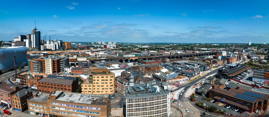 Aerial view of the Birmingham city center. Beautiful English city, with modern skyscrapers and traditional architecture.