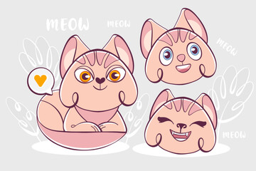 Set of vector emotion character cute cat in cartoon style.