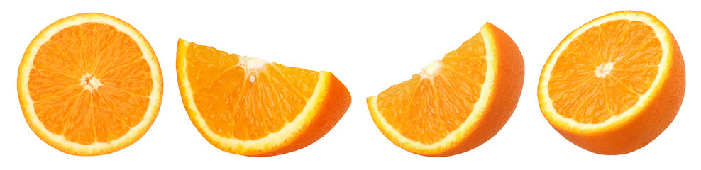 half orange fruit and slice isolated, Orange fruit macro studio photo, transparent png, PNG format, cut out - obrazy, fototapety, plakaty