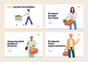 Set of landing page for online grocery shop, product supermarket, local farm food market store
