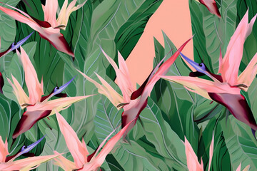 colorful jungle pattern trendy orange flower pink seamless leaf tropical. Generative AI.