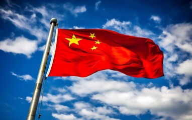 Naklejka na ściany i meble Chinese Flag Waving Against Blue Sky. Generative AI