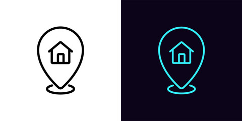 Outline home pointer icon, with editable stroke. Map pin with house sign, booking apartment service, location marker. Home and apartment rent, cottage location, house address position