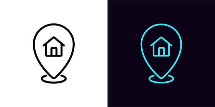 Outline home pointer icon, with editable stroke. Map pin with house sign, booking apartment service, location marker. Home and apartment rent, cottage location, house address position