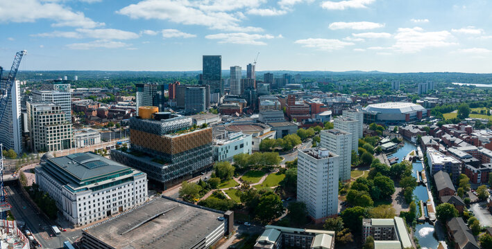 Aerial view of the library of Birmingham, Baskerville House, Centenary Square, Birmingham, West Midlands, England, United Kingdom.