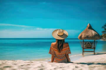 Fototapeta na wymiar Girl dressed in bikini relaxing at a tropical beach from behind, vibrant colors