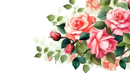 Beautiful romantic frame with roses and leaves and white background Generative AI Illustration