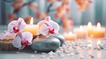 Candles and flowers in a calm relaxing and soothing SPA environment Generative AI Illustration