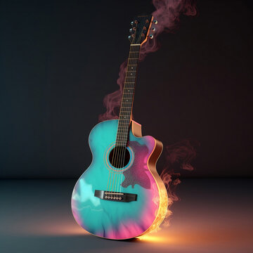 Acoustic guitar pastel colors cool with fire ,Generative AI