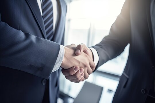 Close-up of a handshake of two businessmen in a bright office.