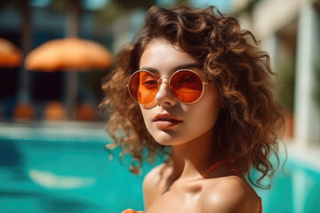 Fototapeta na wymiar beauty young woman in sunglasses enjoying with her summer vacation at swimming pool. generative AI