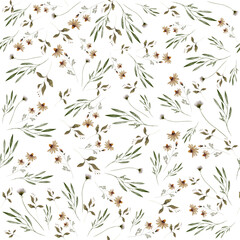 Seamless pattern with watercolor flowers. Wildflowers, boho pattern, delicate herbs, leaves and branches.