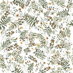 Seamless pattern with watercolor flowers. Wildflowers, boho pattern, delicate herbs, leaves and branches.