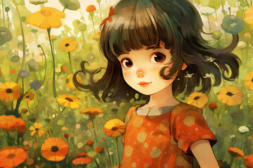 children book, illustration of pretty girl in flower garden