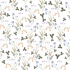 Seamless pattern with watercolor flowers. Wildflowers, boho pattern, delicate herbs, leaves and branches.