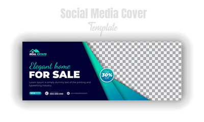 Real estate company social media cover design template, modern house for sale promotion timeline post, web banner, abstract minimal cyan gradient color shape and black background