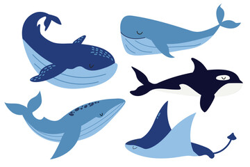 Vector set of sea animals. Collection of Oceanic Mammals. Whale, killer whale, stingray. Flat illustration. Whales in cartoon style. White isolated background.