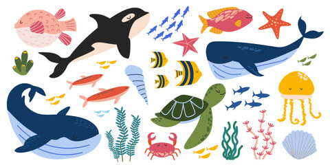 Large vector set of sea animals, fish, turtles, whales, jellyfish, algae, shells. Ocean animals, underwater world. Marine life. Vector collection of ocean inhabitants in flat style.  © Hanna Perelygina