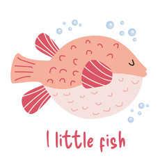 Pufferfish. Vector fish fugu. Underwater life. Holiday greeting card. Cute pink fish. Nautical poster, print, greeting card, children's clothing decor, sticker. White isolated background.