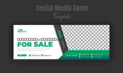 Dream home for sale social media post design template, banner, timeline cover, web banner for real estate company web advertisement with geometric green gradient color shape and white background